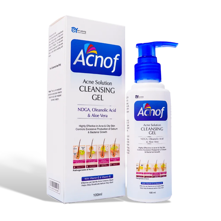 Acnof Acne Solution Cleansing Gel is a dermatologist-recommended face wash for acne-prone skin, designed to fight pimples, blackheads, excess oil, and dark spots. This advanced acne control cleansing gel deeply cleanses pores, removes dirt and impurities, and prevents acne-causing bacteria without drying out your skin.
