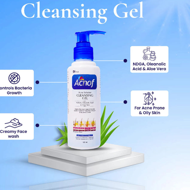 Acnof Acne Solution Cleansing Gel is a dermatologist-recommended face wash for acne-prone skin, designed to fight pimples, blackheads, excess oil, and dark spots. This advanced acne control cleansing gel deeply cleanses pores, removes dirt and impurities, and prevents acne-causing bacteria without drying out your skin.