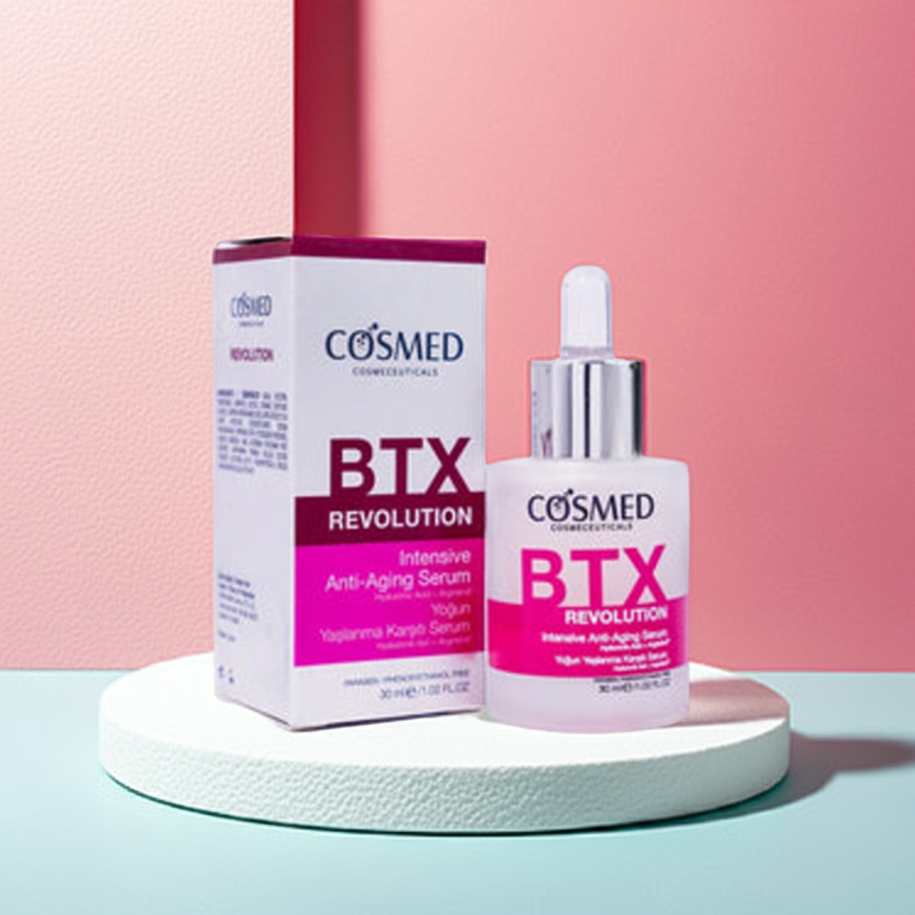 COSMED REVOLUTION Intensive Anti-Aging BTX Serum 30ml, a revolutionary skincare innovation designed to target multiple signs of aging, restore youthful vitality, and transform your complexion. This intensive anti-aging serum is infused with advanced BTX peptides, hyaluronic acid, and powerful antioxidants, delivering visible results for fine lines, wrinkles, sagging skin, and loss of elasticity. If you are searching for a premium anti-aging serum, a professional-grade wrinkle treatment, or a luxury skincare