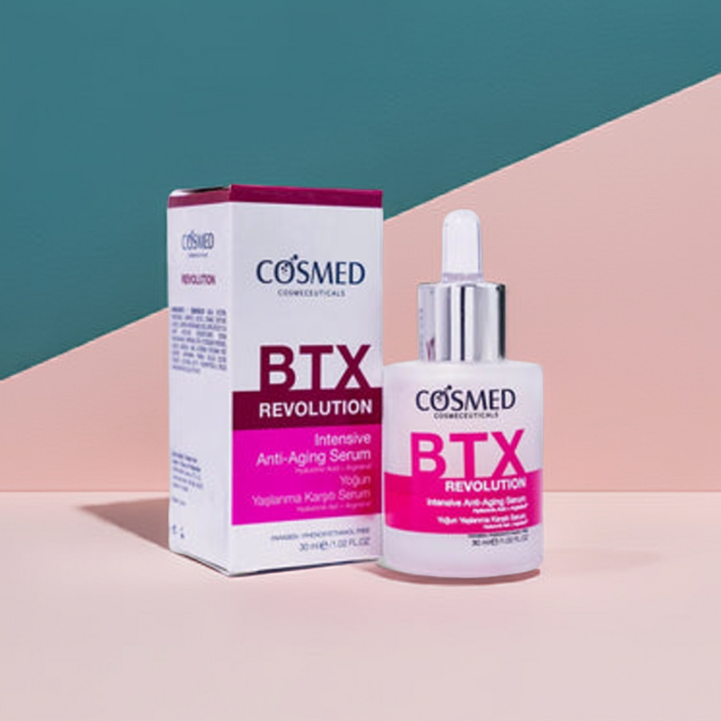 COSMED REVOLUTION Intensive Anti-Aging BTX Serum 30ml, a revolutionary skincare innovation designed to target multiple signs of aging, restore youthful vitality, and transform your complexion. This intensive anti-aging serum is infused with advanced BTX peptides, hyaluronic acid, and powerful antioxidants, delivering visible results for fine lines, wrinkles, sagging skin, and loss of elasticity. If you are searching for a premium anti-aging serum, a professional-grade wrinkle treatment, or a luxury skincare