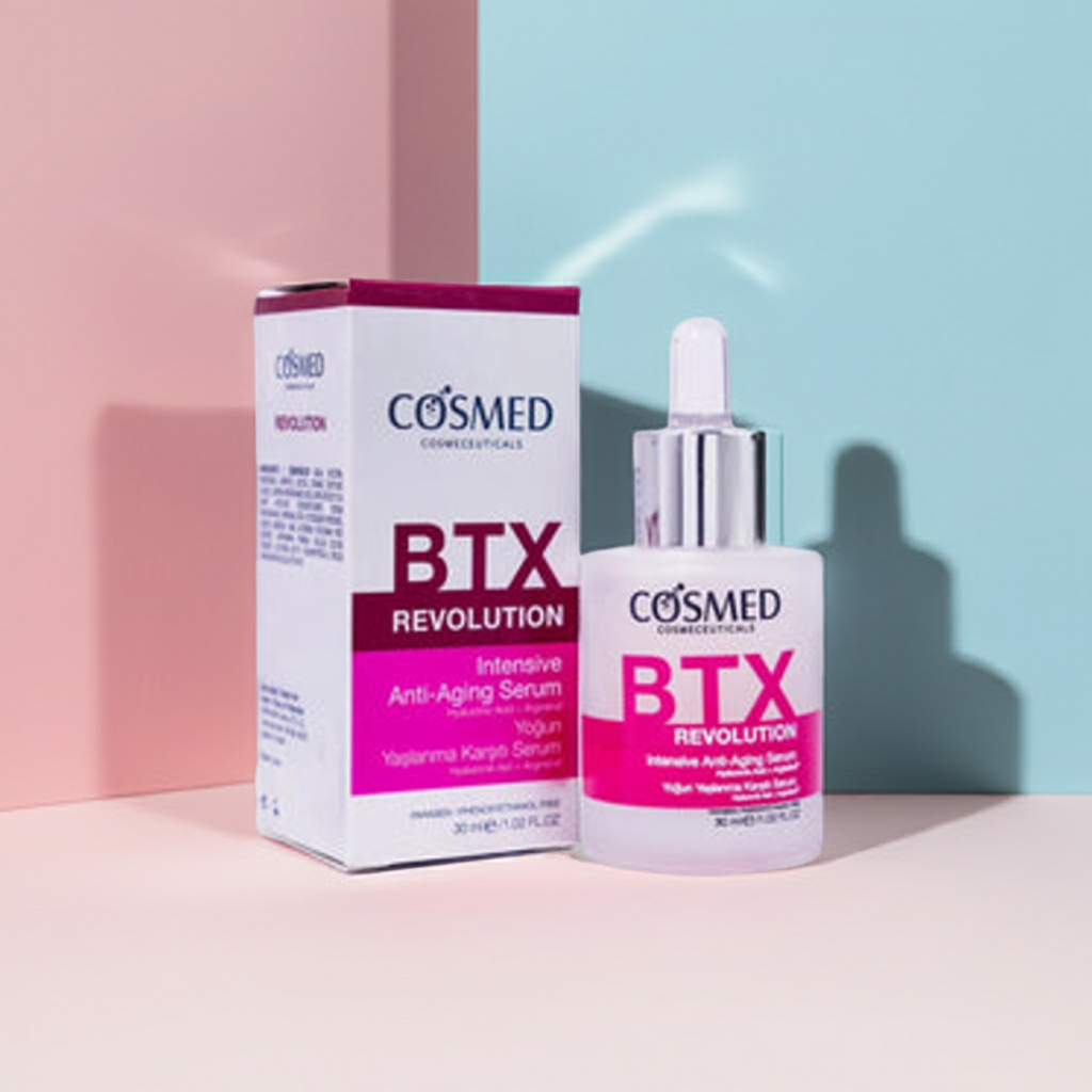 COSMED REVOLUTION Intensive Anti-Aging BTX Serum 30ml, a revolutionary skincare innovation designed to target multiple signs of aging, restore youthful vitality, and transform your complexion. This intensive anti-aging serum is infused with advanced BTX peptides, hyaluronic acid, and powerful antioxidants, delivering visible results for fine lines, wrinkles, sagging skin, and loss of elasticity. If you are searching for a premium anti-aging serum, a professional-grade wrinkle treatment, or a luxury skincare