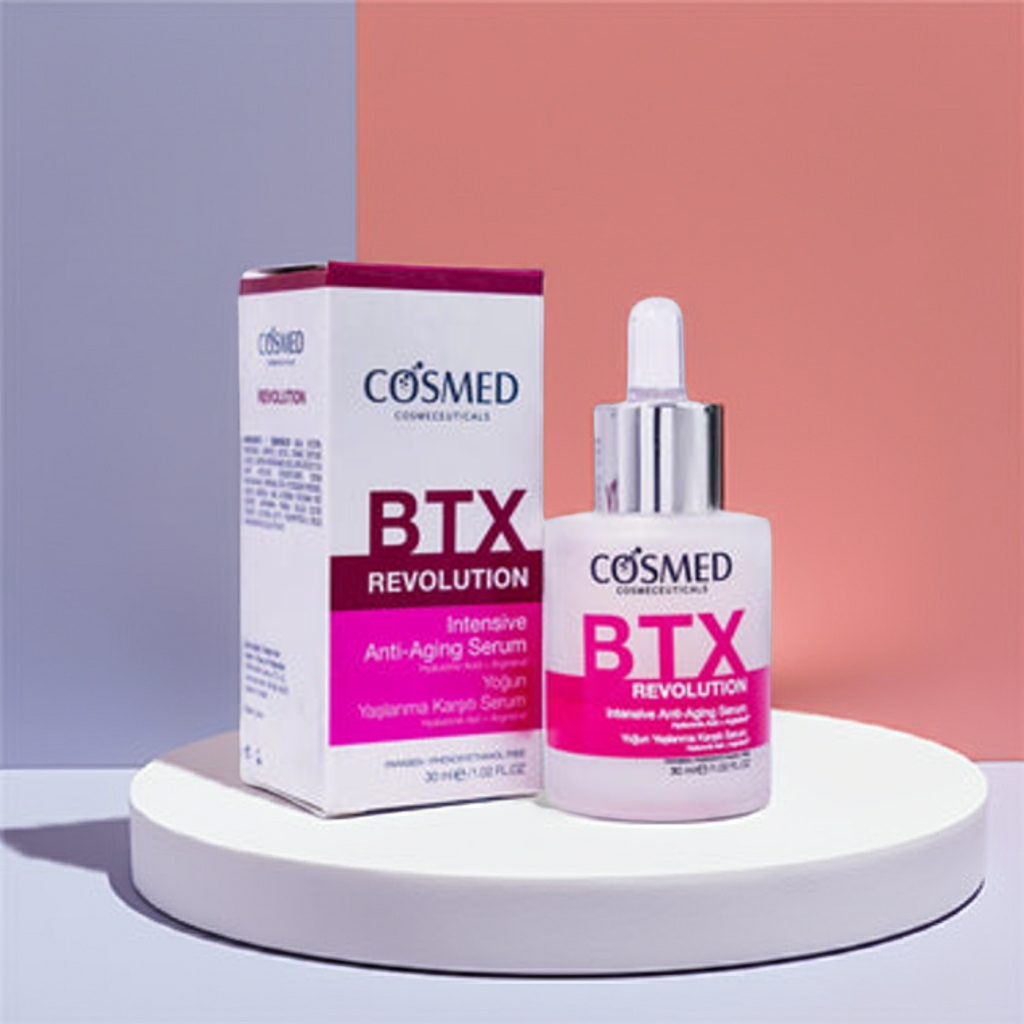 COSMED REVOLUTION Intensive Anti-Aging BTX Serum 30ml, a revolutionary skincare innovation designed to target multiple signs of aging, restore youthful vitality, and transform your complexion. This intensive anti-aging serum is infused with advanced BTX peptides, hyaluronic acid, and powerful antioxidants, delivering visible results for fine lines, wrinkles, sagging skin, and loss of elasticity. If you are searching for a premium anti-aging serum, a professional-grade wrinkle treatment, or a luxury skincare
