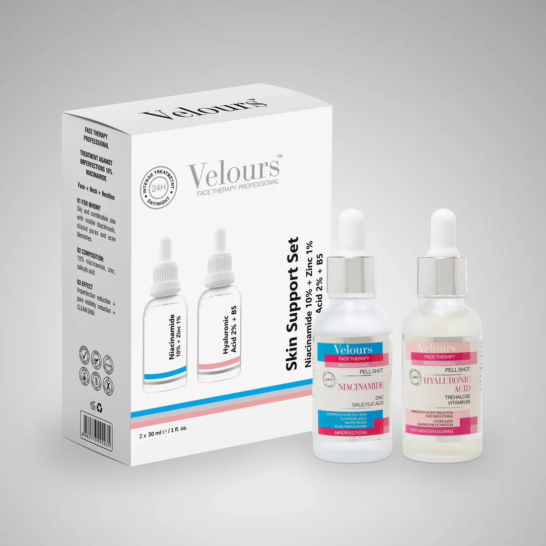 Velours Niacinamide Hyaluronic Acid serum set packaging
