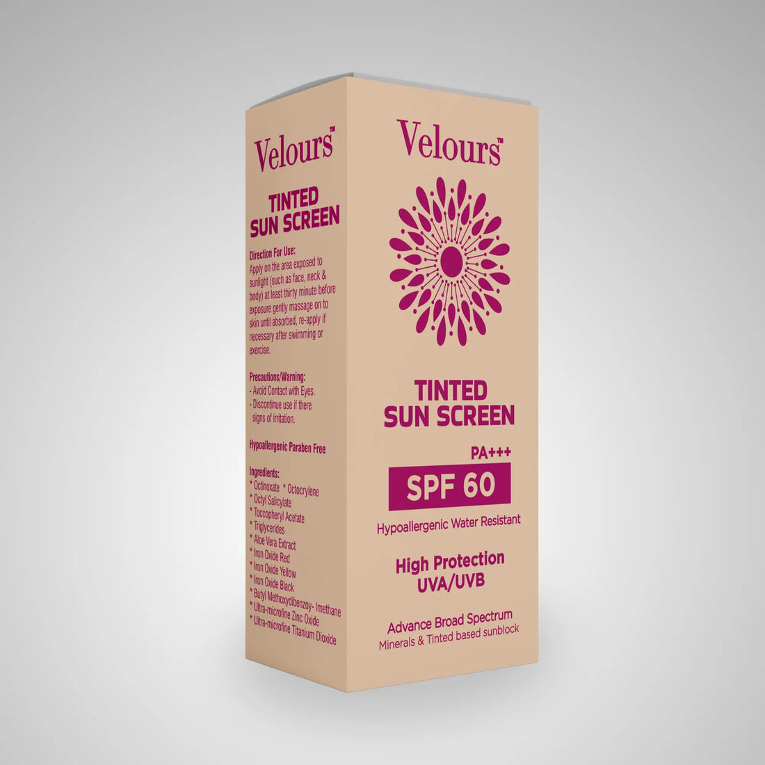 Velours SPF60 sunscreen packaging detail